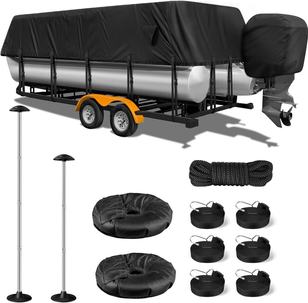 1200D Pontoon Boat Cover with Support Poles 2 Pack, Heavy Duty Pontoon Boat Cover, 17-20 ft Waterproof Boat Cover for Pontoon with Motor Cover, Adjustable 14 Tie Down Straps,Black