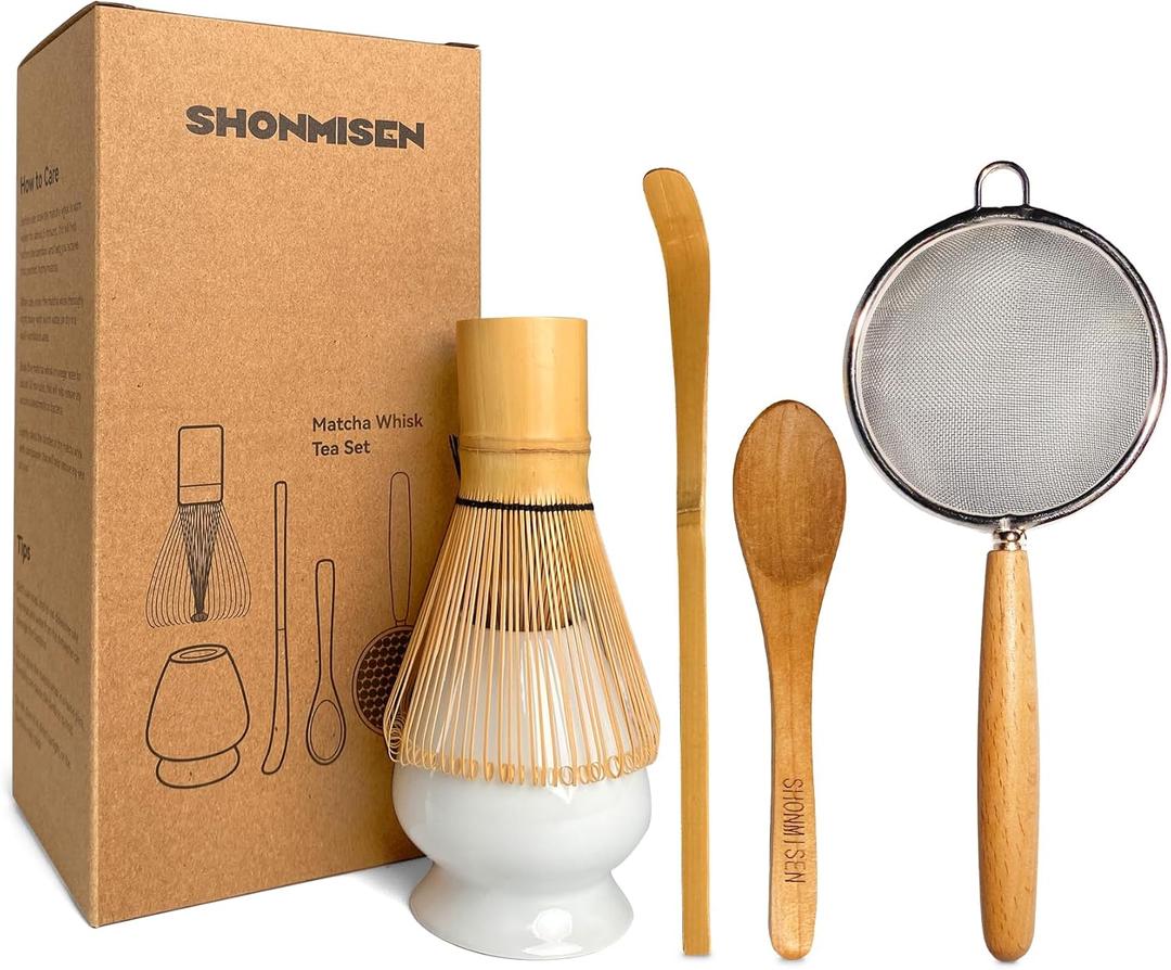 SHONMISEN Bamboo Matcha Whisk Set -Matcha Whisk (Chasen),Whisk Holder(White),Sifter,Tea Scoop and Tea Spoon