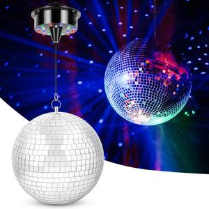 Disco Ball with Motor and Light, 8" Hanging Mirror Ball and 6RPM Batteries Powered Rotating Motor with 4 Light Colors and 18 LEDs for Disco Party Decoration, DJ Club, Wedding, Birthday