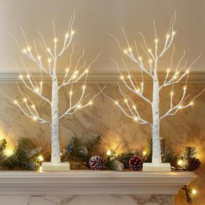 Fourth of July Decorations Indoor,2 Pack 2 FT Birch Tree with 24 Led Lights,Patriotic Tree Decorations for Home,Centerpiece Table Decor for 4th of July,Christmas,Fireplace,Wedding,Mantle (White)