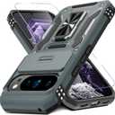 DEERLAMN Case for Google Pixel 10 Pro XL with Slide Camera Cover+Screen Protector(1 Pack), Rotated Ring Kickstand Military Grade Shockproof Protective Cover-Grey