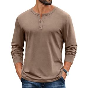COOFANDY Mens Henley Shirts Cotton Long Sleeve V Neck Button Basic Tees Plain Casual Pullover (Brown, M)