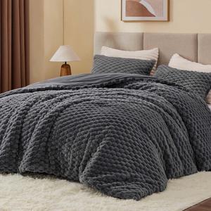 BEDELITE Fluffy King Size Comforter Set - Grey Fleece Soft Comforter for King Size Bed, Luxury Warm Bedding Set for Winter, Fuzzy Bed Set 3 Pieces (1 Comforter, 2 Pillowcases)