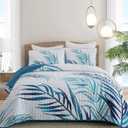 Botanical Quilt Set Queen,3 Pieces Teal Blue Palms Tree Bedspread Reversible Lightweight Soft Microfiber Navy Bedding Set with 2 Pillowcases for All Season(Queen,96"x90")