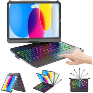 CC Store for iPad (A16) 11th 10th Generation Case with Keyboard - 7 Color Backlit 360 Swivel Multi-Touch Track Pencil Holde for iPad 11-inch A16 2025 10th Gen 10.9 Inch 2022 (Black)