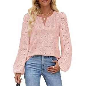 MEROKEETY Women's Eyelet Long Sleeve Tops Dressy Casual V Neck Shirts Fall Trendy Crochet Lace Blouse, Pink, S
