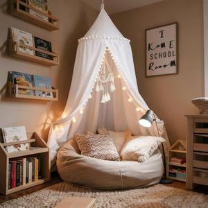 LOAOL Bed Canopy with Pom Pom Cotton Canopy for Kids Crib Baby Girl Netting Cover Canopy Crib Curtain Reading Nook Hanging Tent Nursery Play Game Castle Room Decoration (White)