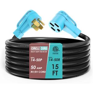 CircleCord 50 Amp 15 Feet RV/EV Extension Cord, Heavy Duty 6/3+8/1 Gauge STW Wire, NEMA 14-50P/R Suit for Tesla Model 3/S/X/Y EV Charging and RV Trailer Campers