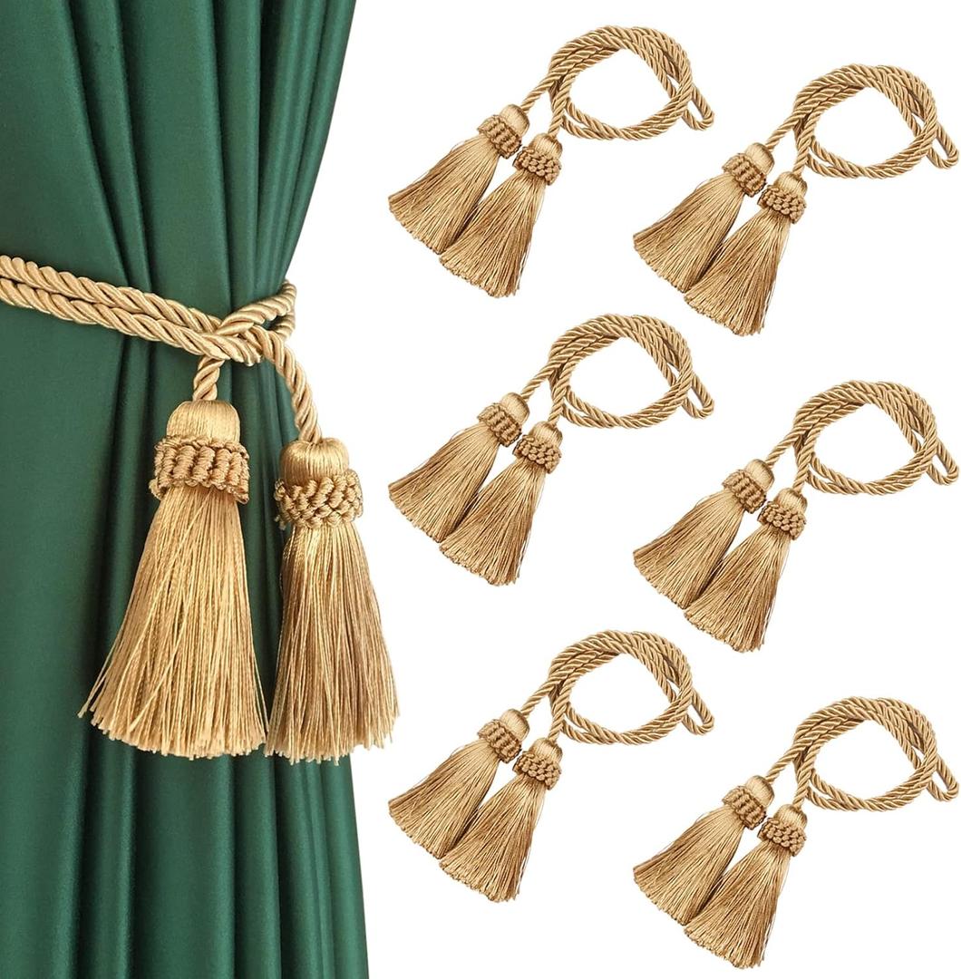 Curtain Tiebacks Handmade Decorative Curtain Holdbacks Rope with Tassel (Gold, 6P)