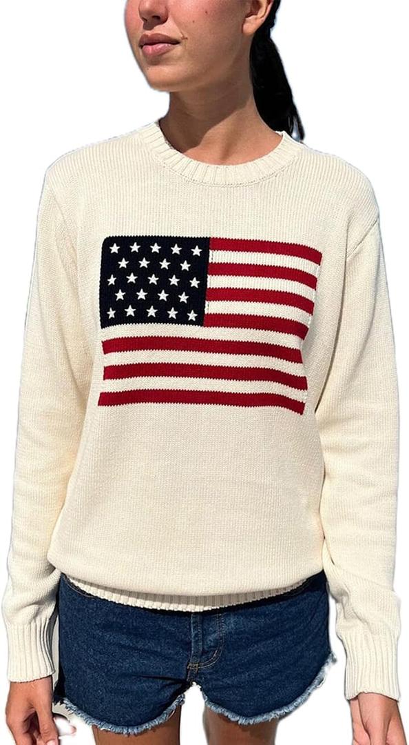 Women American Flag Sweater Long Sleeve Crew Neck Loose Fit Knit Pullover Tops USA Casual Loose Pullover Sweater, Large