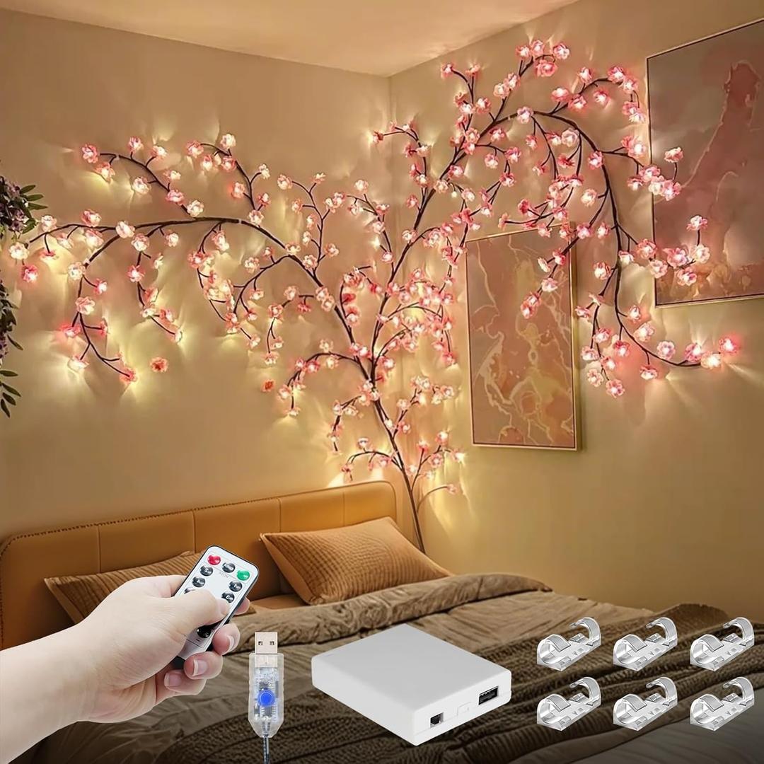 FNHMSL Cherry Enchanted Willow Vine Lights, 6FT 96LED Pink Cherry Blossom Tree Branch Lights for Wall, Remote Timer,8 Light Model,Bedroom Wall Doors Wedding, Christmas, USB Battery Box