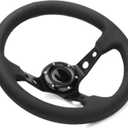 Universal 6 Bolts Racing Steering Wheel 320mm 12.5" Black Genuine Leather Grip Aluminum Frame Deep Dish Sports Drifting Steering Wheel with Horn Button