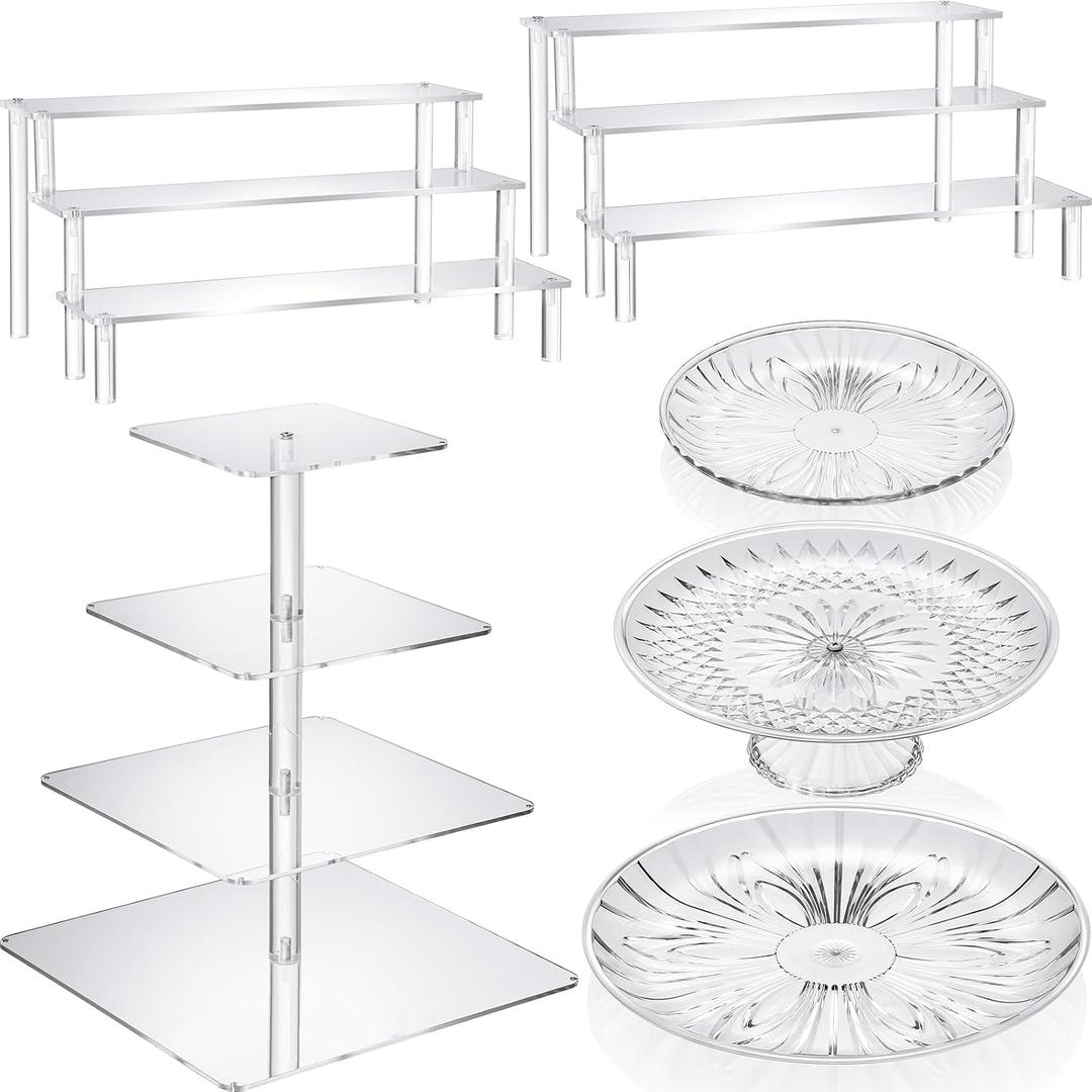 6 Pcs Acrylic Dessert Stands Set Include Display Risers Cupcake Tower and Clear Round Dessert Trays Cake Table Holder for Wedding Baby Shower Decoration(Classic Style)