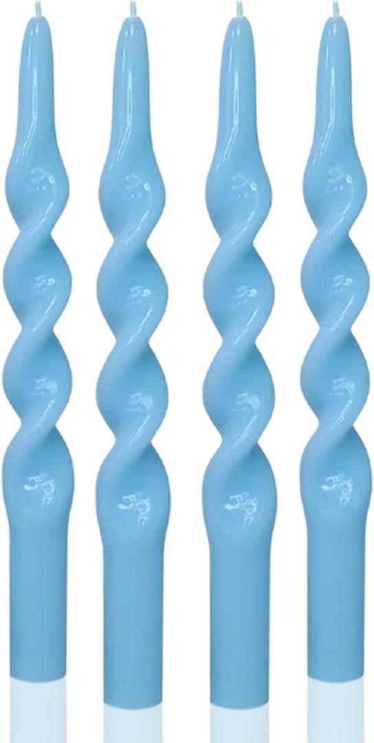 MAITREYA Blue Taper Candles Conical Stick Candles Spiral Taper Candles-Set of 4 for Decoration Weddings Party Church-Unscented Dripless Candles,10inch