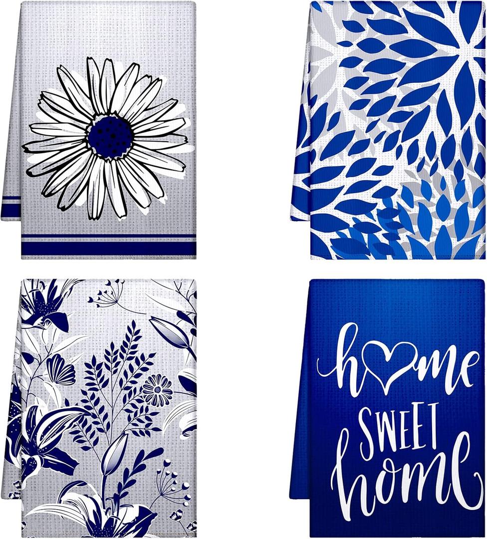 Geyoga 4 Pcs Chicken Kitchen Towels Rooster Dish Hand Towels Farm Animal Cow Vintage Rustic Tea Cloth for Spring Easter Bathroom Farmhouse Decor Gifts, 16 x 24 Inch(Blue, Gray, Floral)