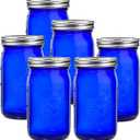eleganttime Blue Mason Jars Wide Mouth,6 Pack Cobalt Blue Colored Mason Jars 32 oz for Canning, Pickling, Storage, DIY Crafts & Dcor