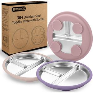 SPMKTQK 3Pack Stainless Steel Kids Plates, 8.1" Divided Kids Plate with Removable Silicone Suction Sleeves for Baby Highchairs, Non Toxic BPA Free Non-Slip Unbreakable Snack Lunch Plates (Taro purple, mulberry, light pink)