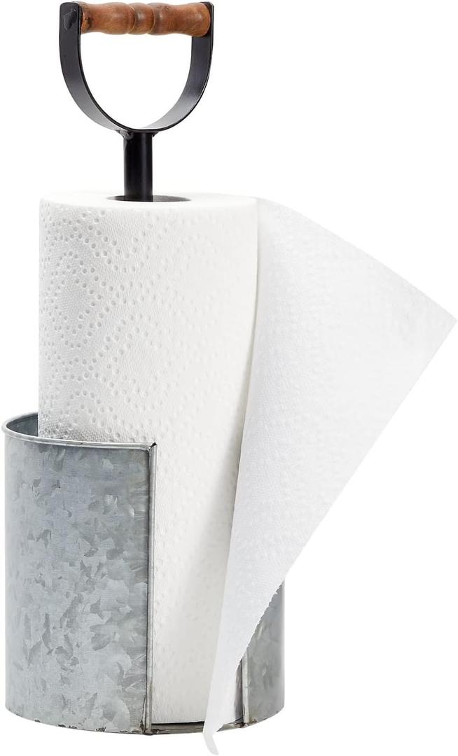 Kitchen Paper Towel Holder for Countertop with Wooden Handle, Galvanized Farmhouse Decor 15 x 16 in - Rustic Farmhouse Decor Paper Towel Holder Countertop