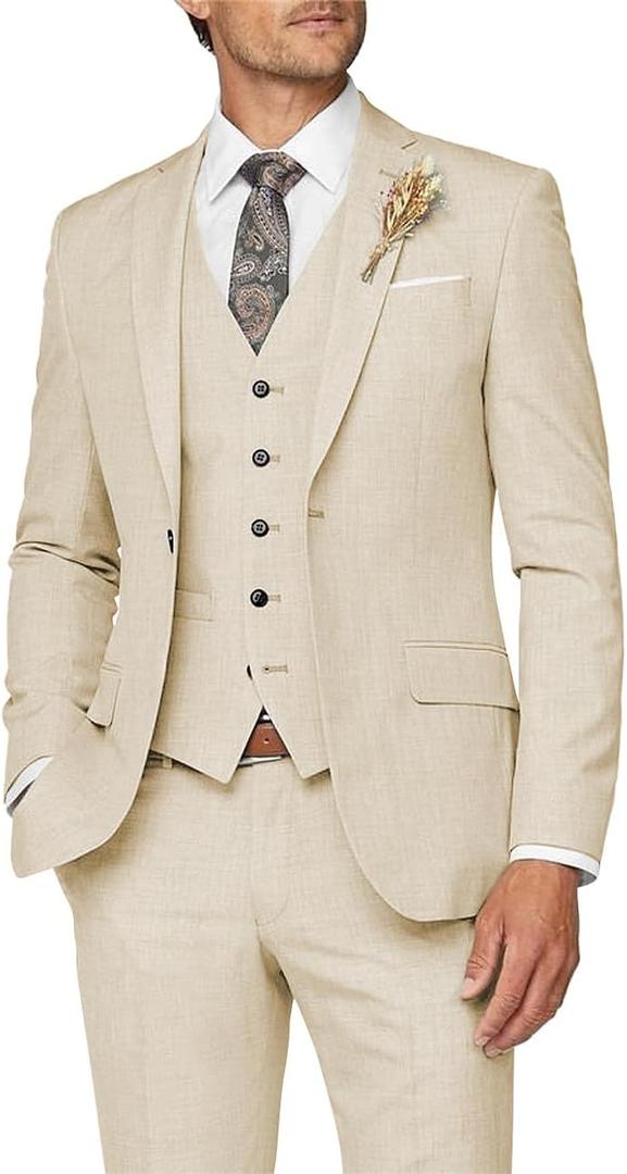 Wangyue Mens Suit 3 Piece Slim Fit Suit for Men Formal Business Suit Wedding Groom Prom Tuxedo Dinner Party (Medium, Beige)