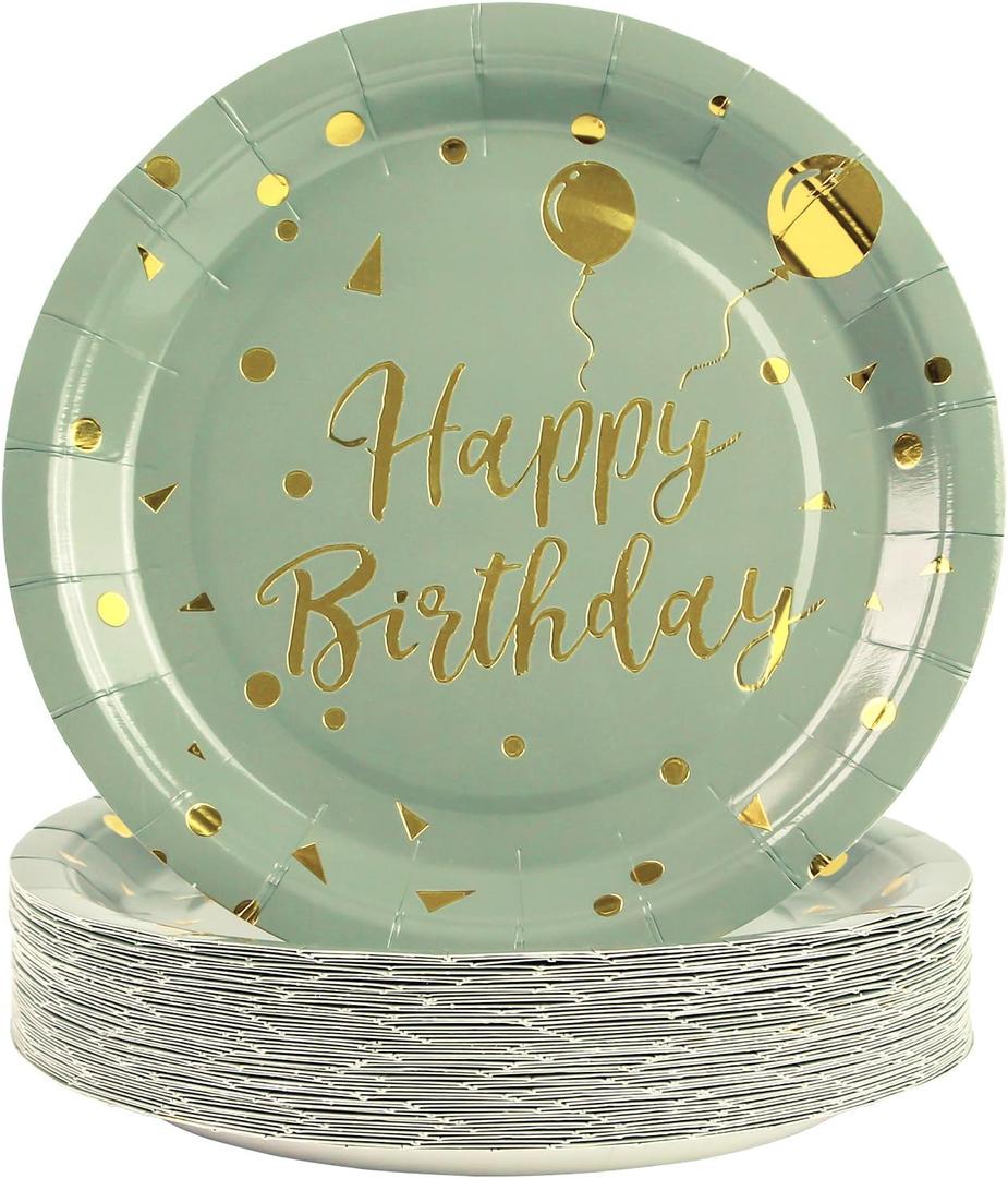 50 Pack Sage Green and Gold Happy Birthday Paper Plates, 7 inch Metallic Foil Polka Dots Disposable Dessert Party Supplies Plates for Graduation St Patricks Wedding Holiday Christma Party Decorations