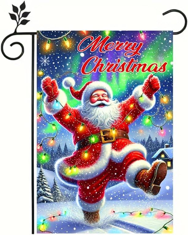 2 x Merry Christmas Garden Flag Double Sided 12x18 Flag Festive Santa Xmars Garden Flag Santa With Christmas Lights And Snowy Scene Outdoor Holiday Yard Lawn Decoration Banner