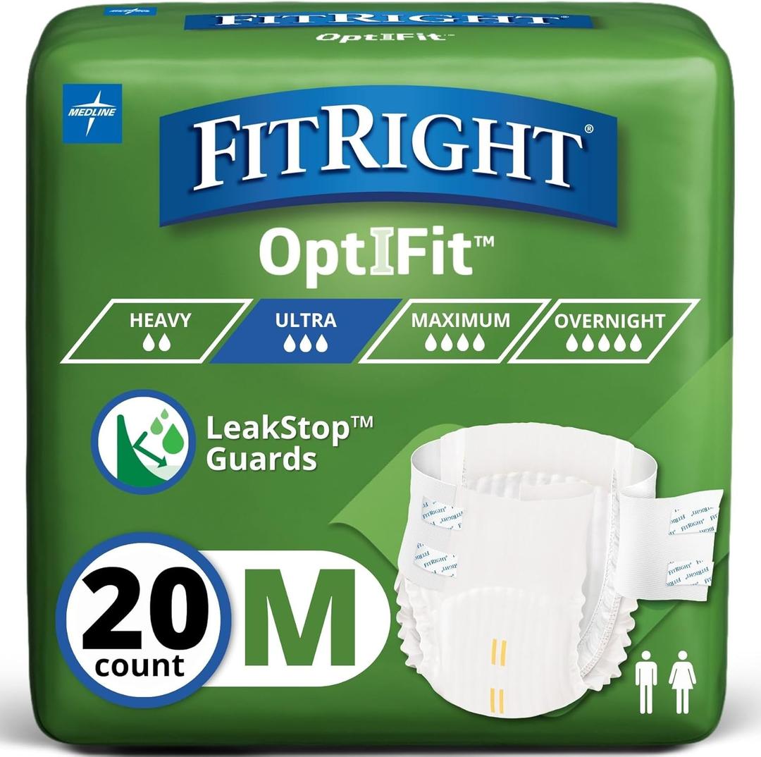 FitRight Ultra Adult Diapers, Disposable Incontinence Briefs, Leak-Proof Diaper, Absorbent Briefs For Men and Women, Maximum Protection, Medium, 32-44 In, 20 Briefs Per Bag