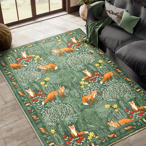 Green Botanical Living Room Rug, Ultra Thin Boho Vintage Floral Indoor 8x10 Area Rug Washable, Summer Tropical Woodland Plants Animals Rug Accent Carpet for Dining Room Nursery Entryway Dorm Bedroom