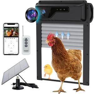Automatic Chicken Coop Door with HD Camera, Solar Powered 5000mAh Battery - Door Opener with Remote, Timer & Anti-Pinch Sensor, App-Based Monitoring, Motion Detection, Weatherproof (Black)
