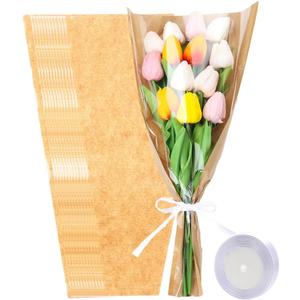 HSONAIGEE 50 Pieces Flower Bouquet Wrapping Paper, 17.7 x 9.5 Inch Small Flower Bags for Bouquets Kraft Floral Wrap Sleeves with Ribbons for Home Mothers Day Wedding Flower Bar Supplies