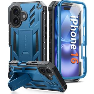 FNTCASE for iPhone 16 Phone Case: Military Grade [Built-in Screen Protector] [Kickstand] Matte Textured Drop Proof Protection Cover | Rugged Shockproof TPU Protective Sturdy Cases - Blue