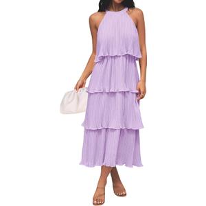 ZESICA Women's 2026 Summer Sleeveless Halter Neck Ruffle Tiered Layed Chiffon Flowy Swing Long Midi Dress (Purple, M)
