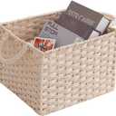 Woven Baskets for Storage, Rectangular Wicker Storage Basket with Handles, Metal Frame, Washable Waterproof, Woven Basket for Pantry, Toilet, Bathroom, Bedroom, Patio (Pack Of 2)
