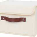 ANMINY Storage Bin with Lid Storage Boxes with PU Leather Handles PP Plastic Board Decorative Foldable Lidded Cotton Linen Fabric Home Cubes Baskets Closet Organizer Container - Beige, Small Size (Small (Pack of 1))