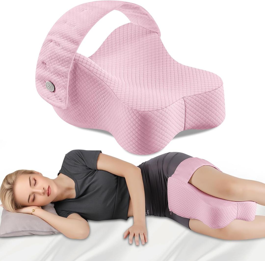 Knee Pillow for Side Sleepers, Memory Foam Leg Pillow Between Knees, Relieves Back, Hip & Knee Pain While Aligning Spine, Adjustable Strap, 14 Inch (Pink)
