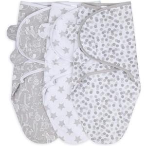 The Peanutshell Baby Swaddle Blankets for Boys or Girls, Grey Safari Animals & Stars, 3 Pack Wrap Set (Medium/Large)