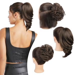 REECHO Ponytail Extension, Messy Bun Hair Pieces 3-in-1 Claw Clip in Ponytail Hair Extensions Short Natural Wavy Hair Bun Hairpieces for Women with Short Thin Hair - Chocolate Brown