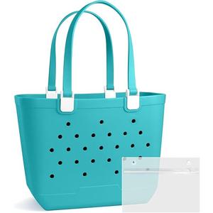 VIYAQIBEI Rubber Beach Bag, 18.9 "L x 9.4 "W x 13.8 "H Waterproof Beach Totes with Zipper Pocket, Durable Open Travel Handbag, Bondi Blue, Large