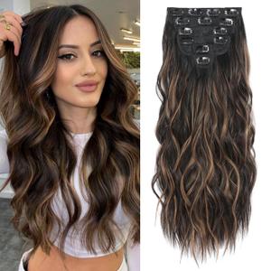 Clip in Hair Extensions, 6 PCS Natural & Soft Hair & Blends Well Hair Extensions, Dark Brown Long Wavy Hairpieces(24inch, 6pcs, Black with Brown Highlights)