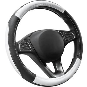 SEG Direct Car Steering Wheel Cover Universal Standard Size 14.5-15 inch, Black and White Microfiber Leather