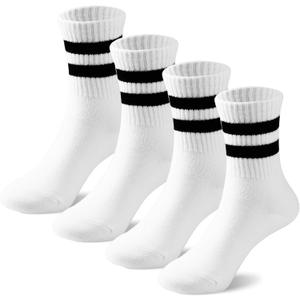 BONANGEL BONNAGEL Kids Athletic Crew Socks Boys Girls White Black Dress Socks Cotton School Uniform Socks 4Pairs, 6-8 Years, Whitestripe