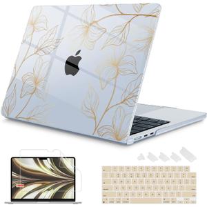 Mektron Case for 2026 MacBook Air 13-inch M5 Laptop A3449 with 13.6-inch Liquid Retina Display, 2025 2024 2022 M4/M3/M2 MacBook Air 13" Hard Shell Cover, Model A3240 A3113 A2681, Gold Flower S718-Blue