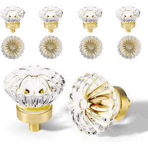 Brushed Gold Crystal Cabinet Knobs Cabinets Knob, 8 Pack Flower Vintage Glass Clear Crystal Small Pull For Closet Dresser Drawers Cupboard Wardrobe, Solid Alloy Retro Pulls Old Fashioned Drawer Handle
