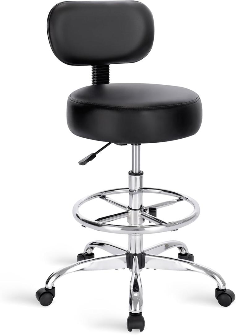 SUPERJARE Drafting Chair with Back, Adjustable Foot Rest Rolling Stool, Multi-Purpose Office Desk Chair, Thick Seat Cushion for Home Bar Kitchen Shop - Black