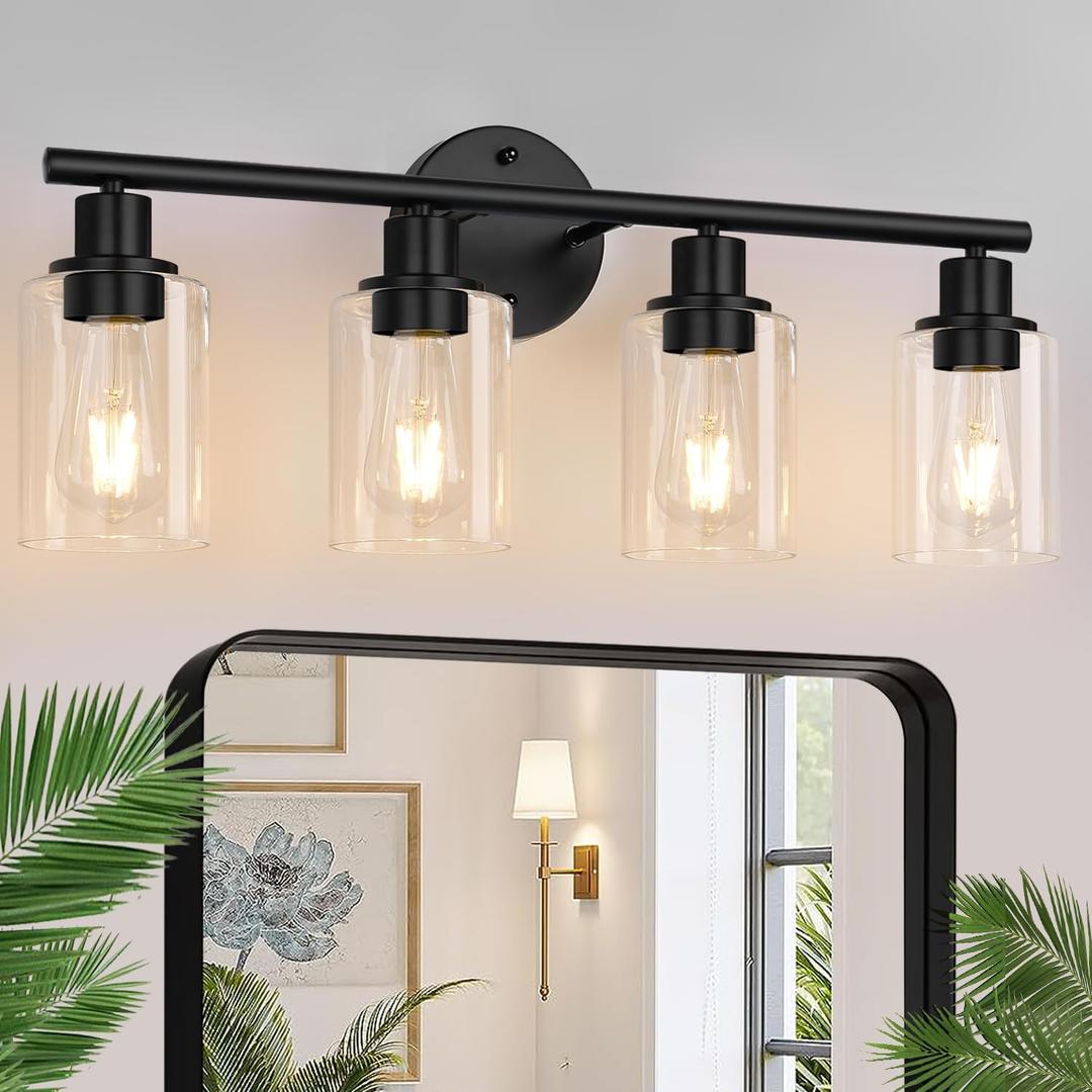 4-Light Bathroom Light Fixtures, Matte Black Modern Vanity Lights Over Mirror with Clear Glass Shade, Bathroom Wall Lamp for Mirror Kitchen Living Room Hallway Cabinet Porch Bedroom Reading room