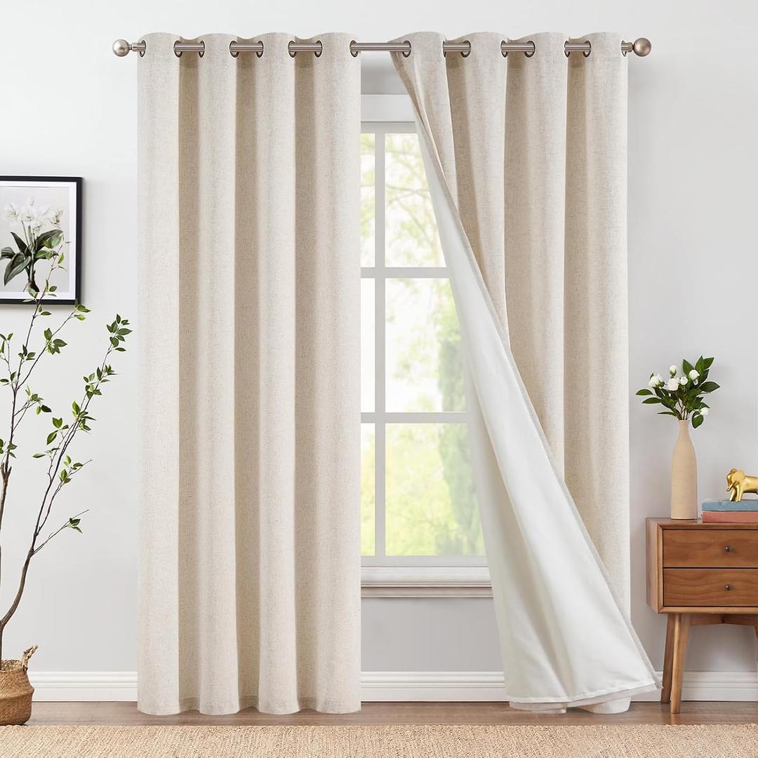 Jinchan Linen Lined Curtains for Bedroom 84 Inch Length 2 Panels Set Beige Room Darkening Curtains for Living Room Bathroom Privacy Partition Drapes Farmhouse Grommet Thermal Insulated Drapes 50 Wide
