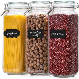 VITEVER [ Taller ] 92oz Glass Jars with Airtight Lid, Large Glass Food Storage Jars, 3 Pack Wide Mouth Airtight Glass Jars for Kitchen Pantry Spaghetti, Square Mason Jars with Labels