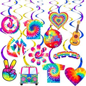 15Pcs Tie dye Birthday Party Decoration Tie Dye Happy Birthday Hanging Swirls for Peace and Love Party Tie Dye Hippie Groovy Carnival Party Supplies