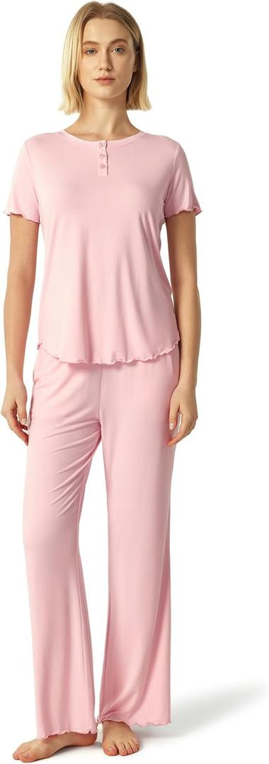 GYS Women's Bamboo Viscose Pajamas Short Sleeve Sleep Shirt and Flare Pj Pants Sleepwear Set (S)