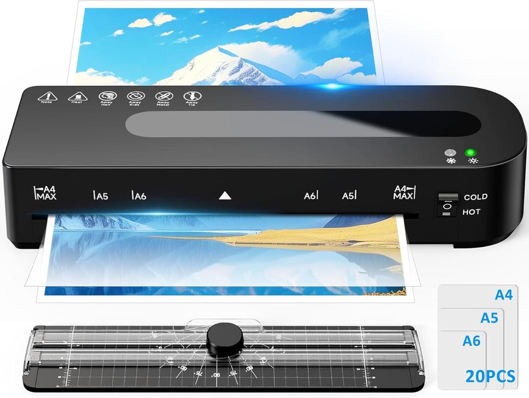 Laminator Machine, A4 Laminators Hot & Cold with 20 Laminating Sheets and Trimmer, 9 Inch Laminating Machine for Office, School, Business and Home (Black)