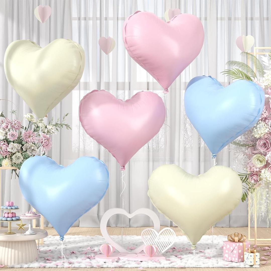 Pink Blue White Heart Balloons,6Pcs 24Inch Large Heart Foil Balloons for Valentine's Day Birthday Wedding Engagement Bridal Showers Anniversary Party Decorations